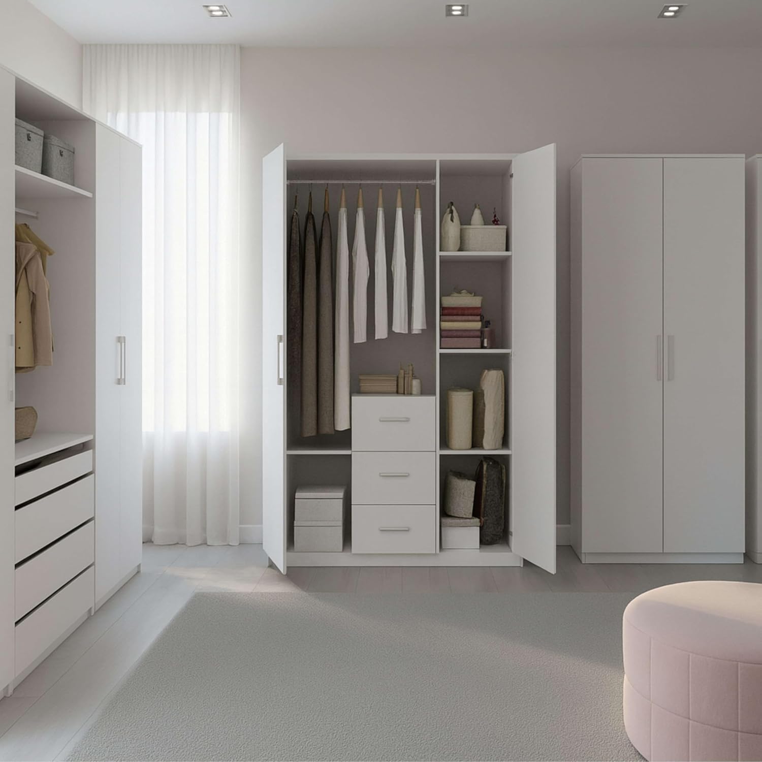 Habitdesign Armario Ropero 3 Puertas y 3 cajones, 203x117x52 (AltoxAnchoxFondo - en Cm), con Barra Colgadora y Estantes, Color Blanco Brillo