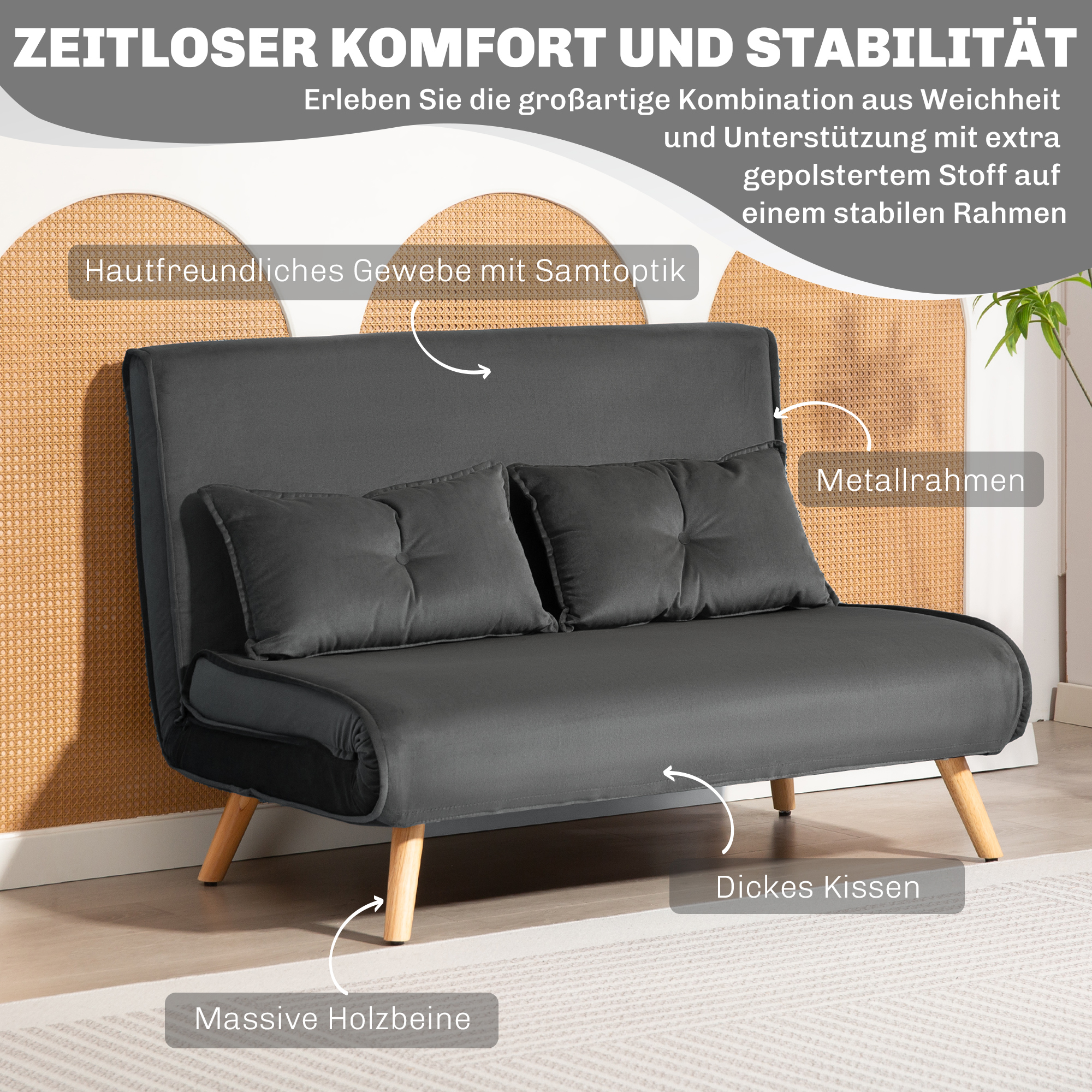 2-zits slaapbank, bedbank, om te bouwen bank met verstelbare rugleuning, stofbekleding, metalen frame, Grijs