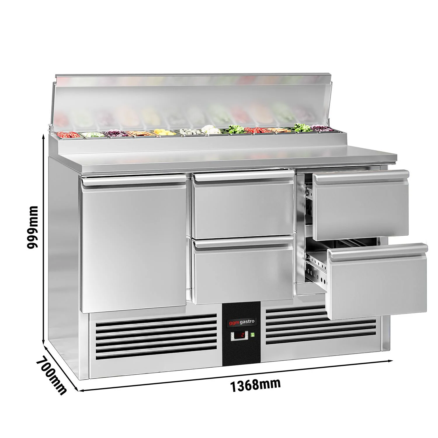 Saladette PREMIUM - 1368x700 mm - 1 dør og 4 skuffer - med lokk - for 8x GN 1/6 beholdere