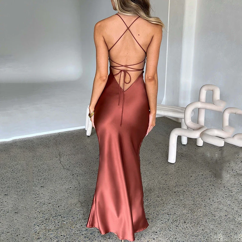 Satin-Maxikleid mit ��berkreuzten Tr?gern f��r Damen