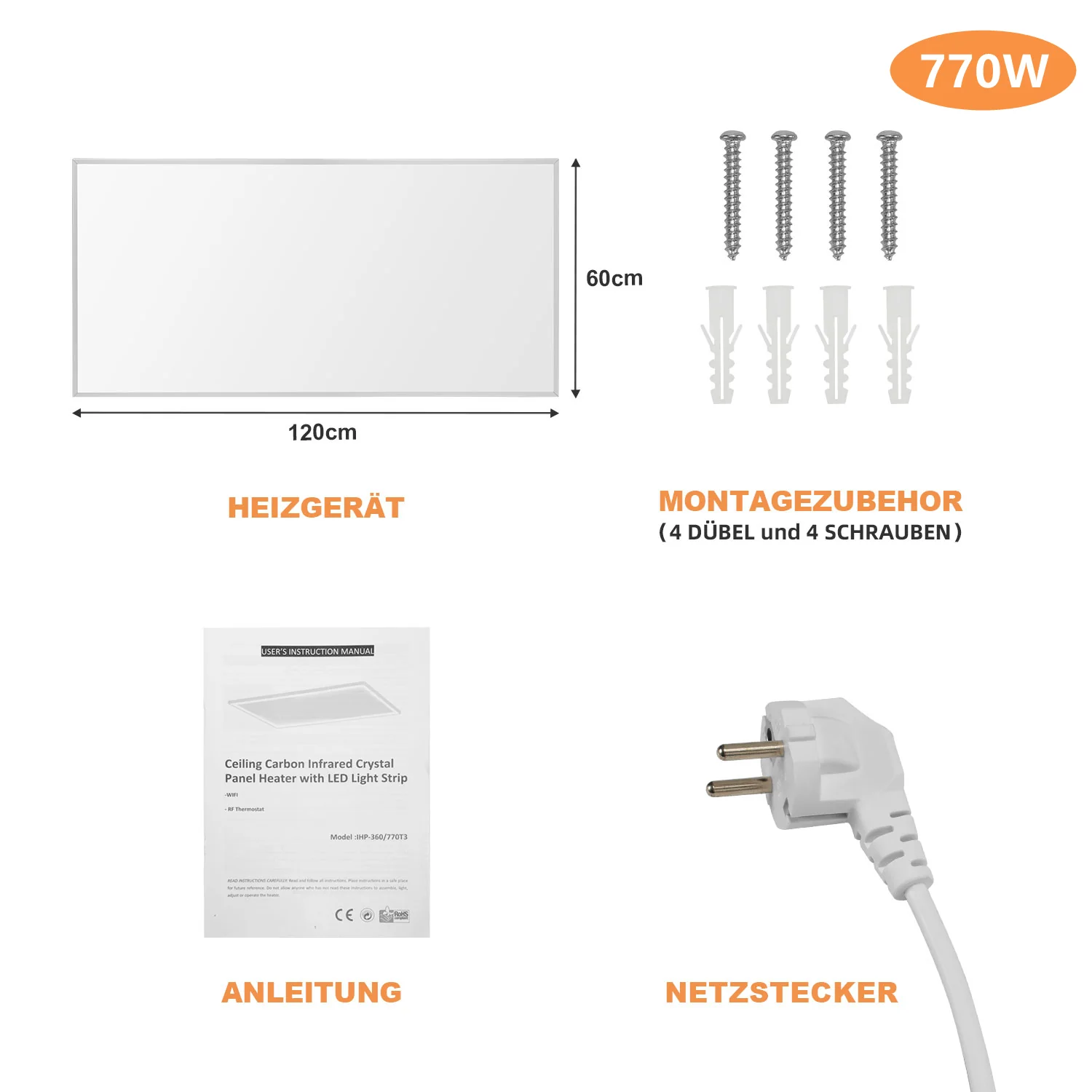Sonnewelt Infrarotheizung Elektroheizer Decke WIFI 360/770W