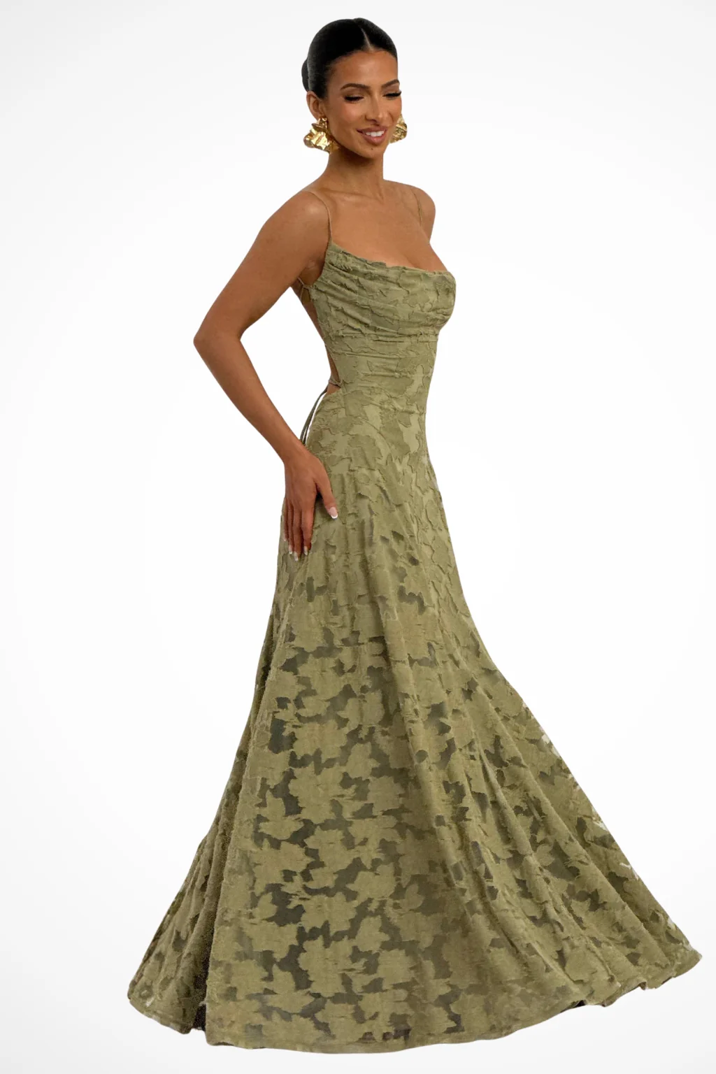 Maxikleid f��r Hochzeitsg?ste mit Wasserfallausschnitt und Blumenspitze | Festliches langes Abendkleid f��r Damen und feierliche