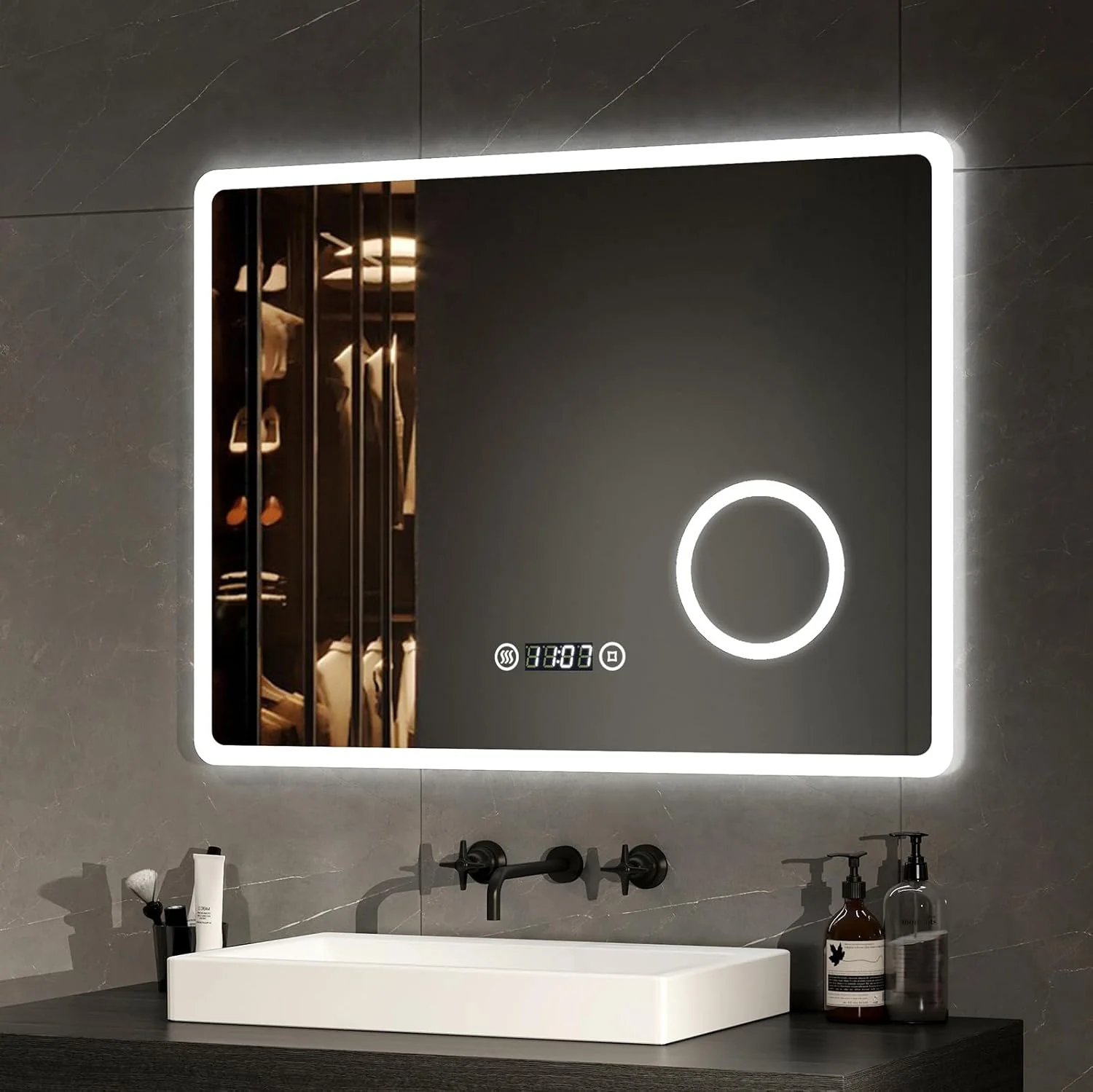 EMKE Espejo LED de Baño 90 x 70 cm, con Interruptor Táctil, Antivaho, Lupa 3X, Reloj, 6500K
