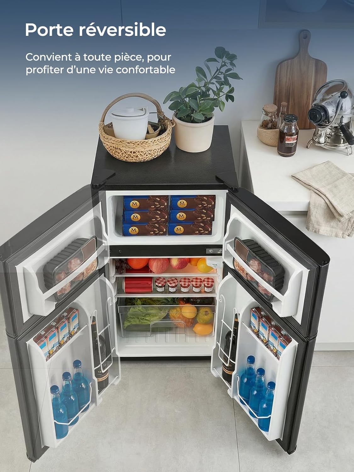 FOHERE Mini Kühlschrank mit Gefrierfach Klein 90L, 26 L Gefrierfach | 64 L Kühlschrank für Schlafzimmer, 7-Stufen Thermostat, Energieeffizien, 43 dB mit 2 Wechselbare Tür, für Wohnheime, Wohnungen