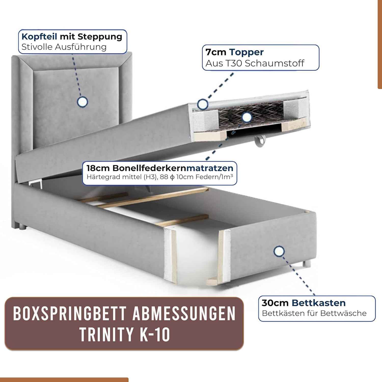 Trinity K10 Einzelbett | Boxspringbett mit Bonell Federkernmatratze | MatratzenTopper | Bett mit Stauraum