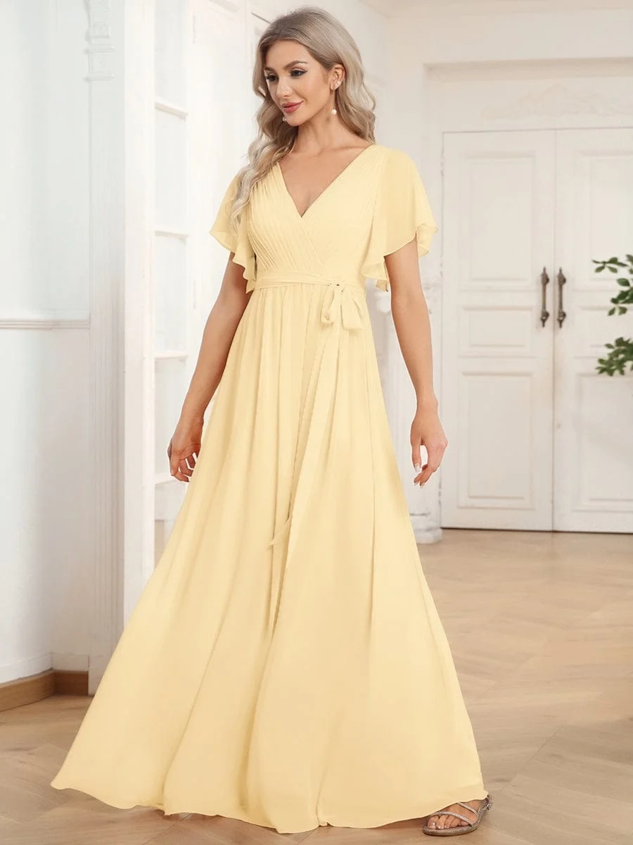 Abendkleid Damen Maxi A-Linie aus Chiffon | Festliches Kleid f��r Hochzeitsg?ste mit V-Ausschnitt und Fl��gel?rmeln