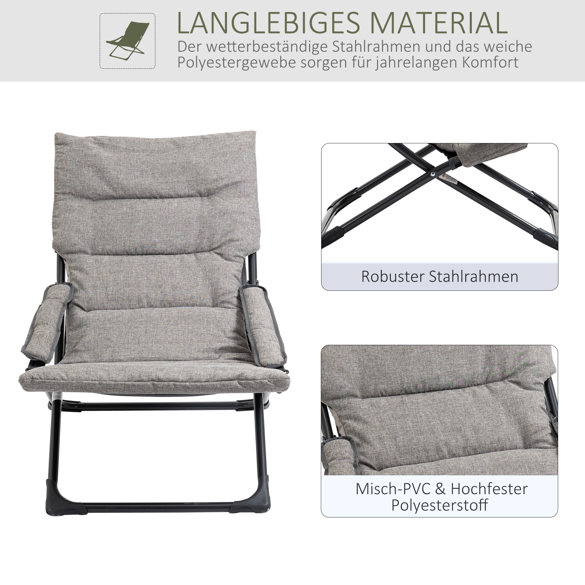 klapstoel met verwijderbaar kussen tuinstoel campingstoel ligstoel zitmeubel tuin terras balkon textiel staal grijs 66 B x 94 D x 79 H cm