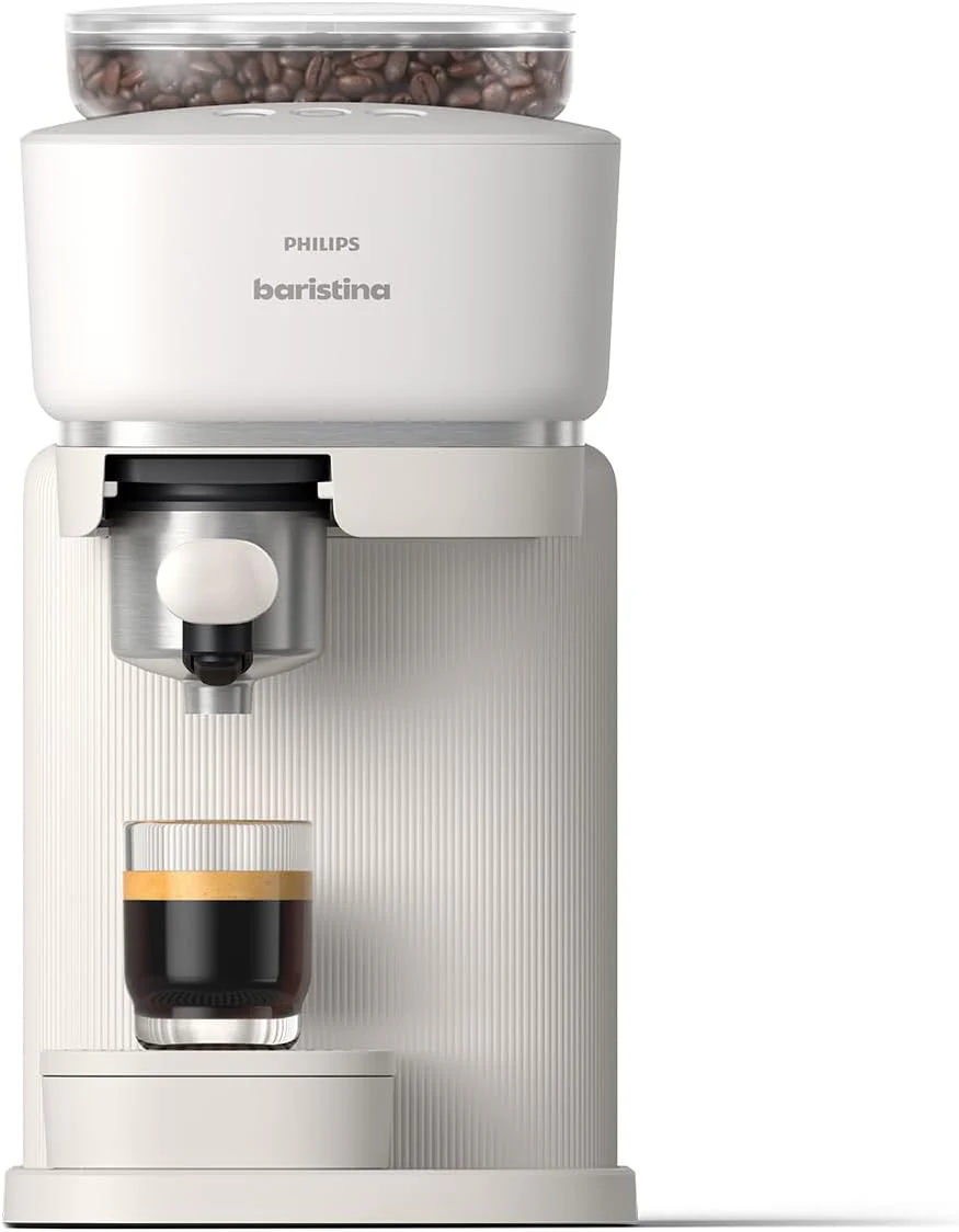 Philips Baristina Espressomaschine - Real Espresso- made simple. Kompakte Kaffeemaschine- Naturwei? mit wei?em Siebtr?ger- 16-bar-Pumpendruck- automatisches Mahlwerk- Cafe Crema (BAR300/00)