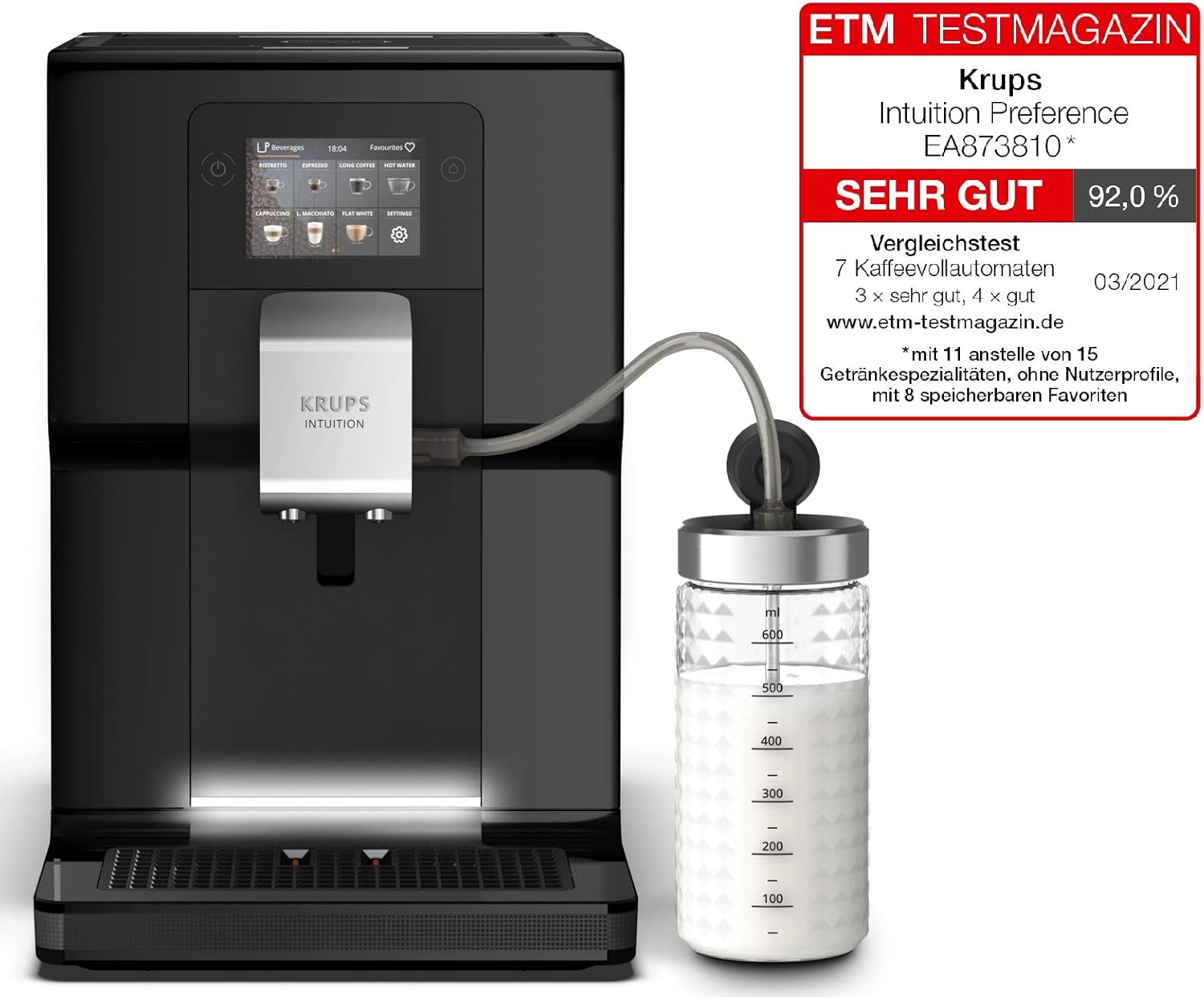 Krups Intuition Preference Kaffeevollautomat mit Milchschlauch, 11 Getränke, Personalisierung, 2-Tassen-Funktion, Kaffeemaschine, Schwarz, EA872810