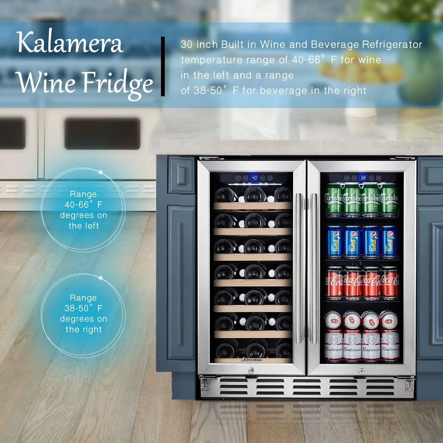 24 inch Wine Cooler, 46 Bottle - Dual Zone Built-in or Freestanding Fridge with Stainless Steel Reversible Glass Door, for Home, Kitchen, or Office.