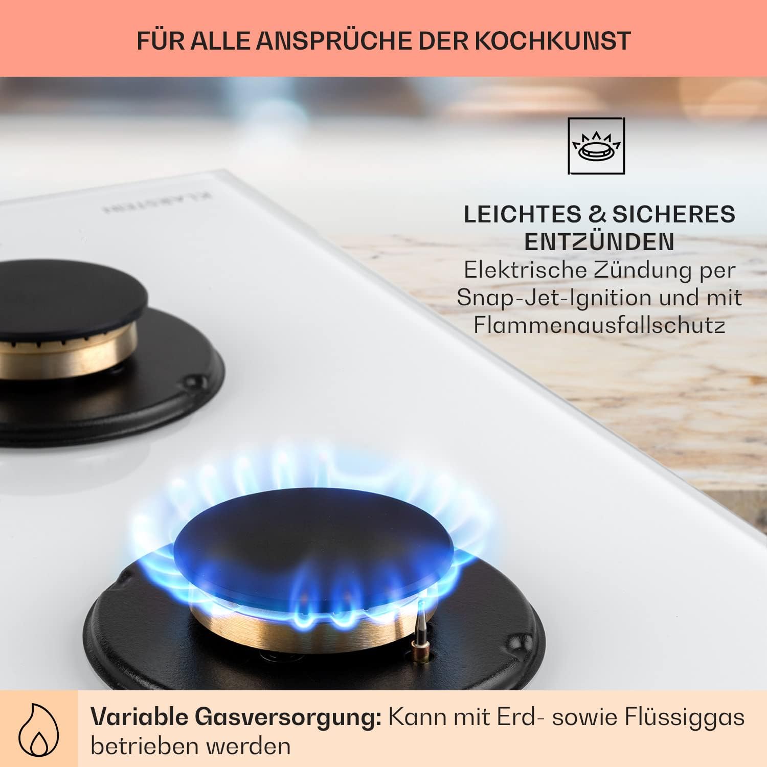 Klarstein Gasherd, Gaskochfeld 4 Flammig, Einbau-Gaskocher für Zuhause & Wohnmobil, Campingkocher mit Glasplatte, Gasherd für Propan- und Erdgas, Edelstahl Gas-Herdplatte Wok Brenner 8000 Watt