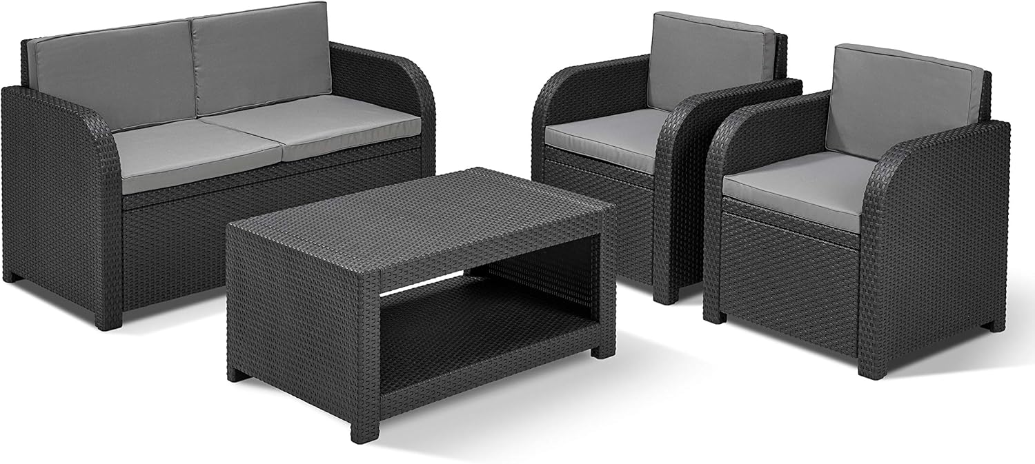 Allibert by Keter Modena Gartenmöbel Set aus Kunststoff, inkl. Sitzkissen, grau, 4-teilig, 2 Sessel, Sofa & Tisch, für Garten, Balkon & Terrasse, Flache Rattanoptik