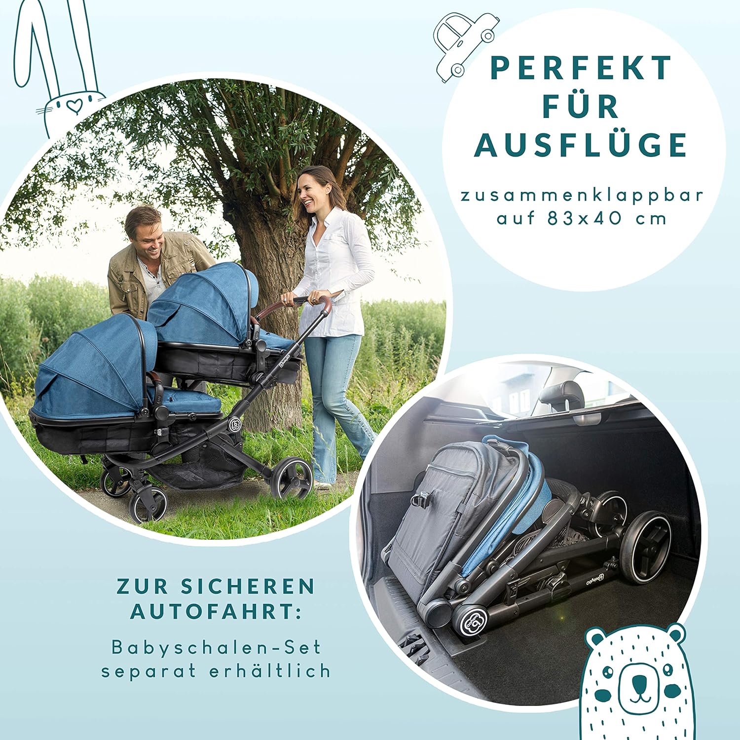 babyGO Kinderwagen 3-in-1 voor tweelingen - Duowandelwagen/tweelingwandelwagen voor baby's - Tweelingkinderwagen voor 2 kinderen met veel accessoires (blauw melange - zonder babyautostoel)