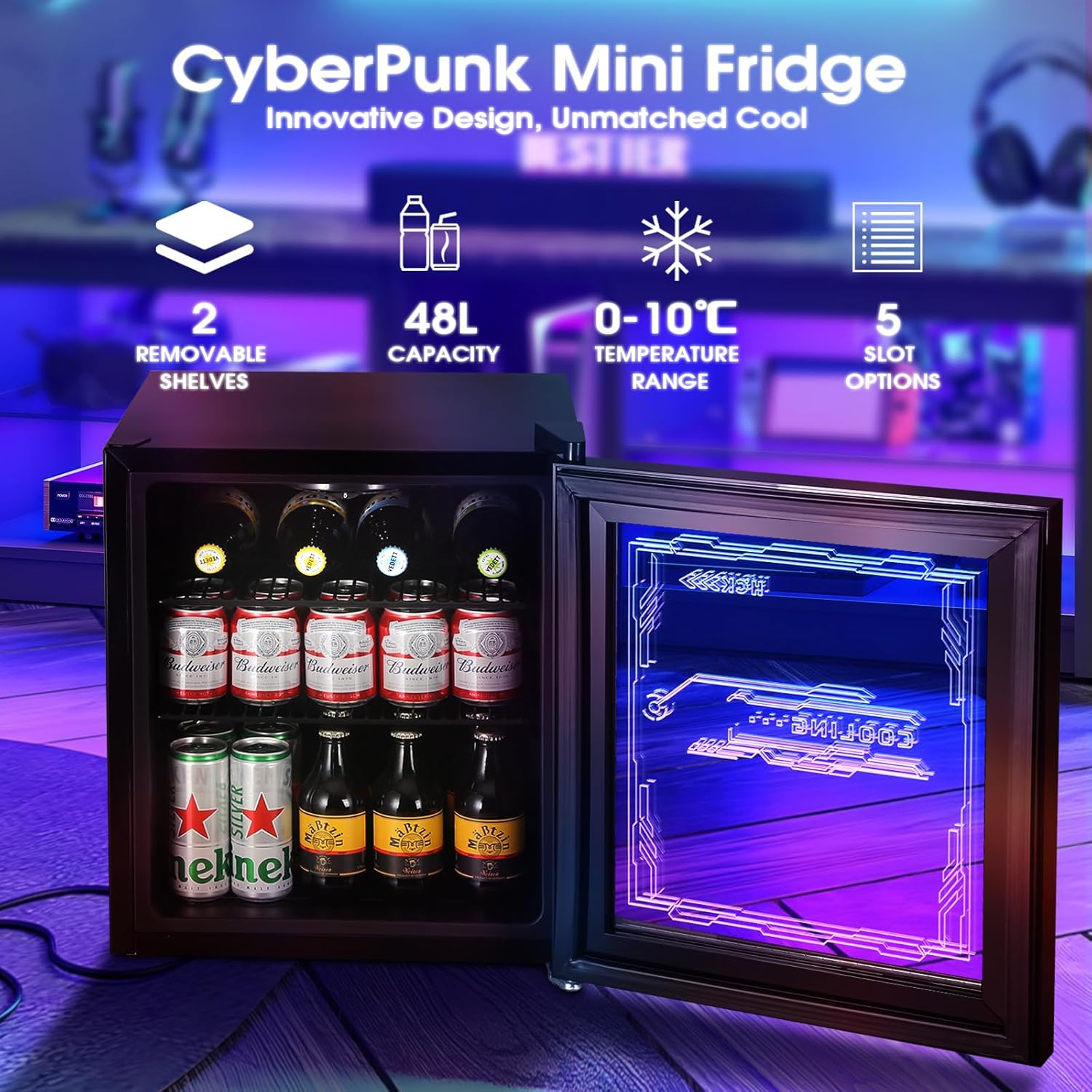 HCK Mini Kühlschrank 48L, Getränkekühlschrank mit Glastür und LED Beleuchtung, Cyberpunk Design, leise 39dB, 0-10℃ Bierkühlschrank für Gaming Room, Party, Bar, Schwarz