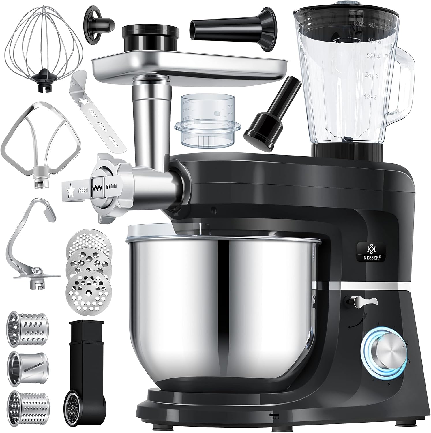 KESSER® 3 in 1 Universal Küchenmaschine K-KM 3000 mit Fleischwolf Knetmaschine Multifunktionale Rührmaschine 5,5L Schüssel mit 3 Rührwerkzeuge, 1,5L Entsafter, Zubehör-Set, Pasta & Gebäckformen
