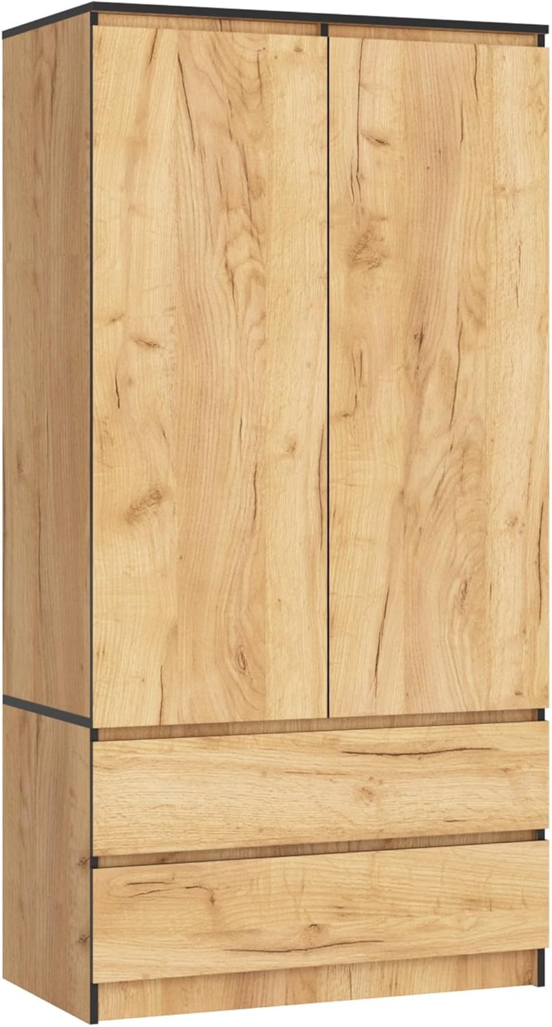 AKORD Zweitüriger Kleiderschrank S 90 cm 2 Schubladen mit Regalen und Einer Kleiderstange für EIN Schlafzimmer Kleiderschränke Minimalistischer Stil Schichtstoffplatte 16 mm | Eiche Craft