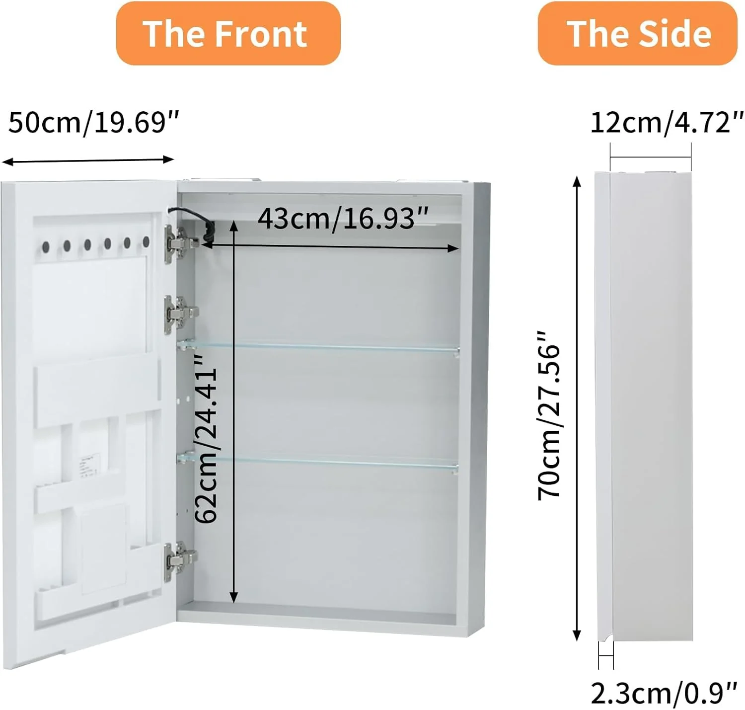 LUVODI Armario de Baño con Espejo con Luz LED Bluetooth 50x70x14.3 cm, Gabinete de Espejo con Antivaho, Luz de 3 Colores Ajustable, Bisagra Silenciosa, Mueble Baño de Pared con Toma de Corriente
