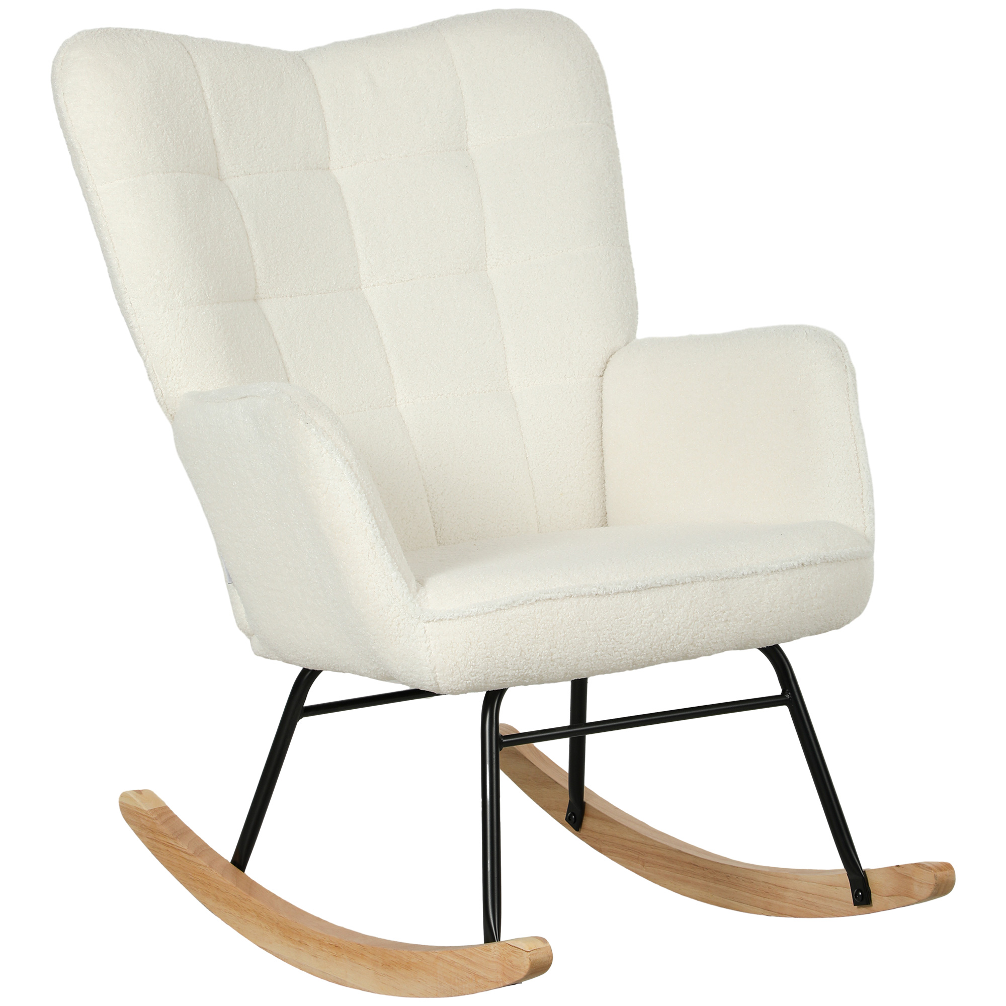 Schommelstoel in Berbervlies Look met Armleuningen, Ergonomische Stoel met Houten Glijders, voor Woonkamer, Slaapkamer, Wit