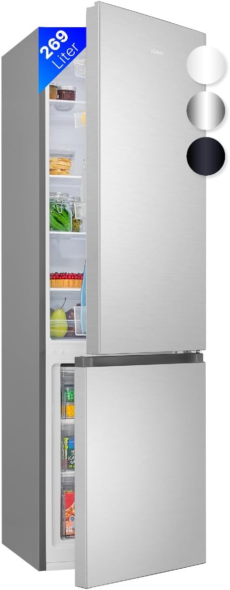 Bomann Kühlschrank mit Gefrierfach | Energieklasse D | 180cm | Kühl Gefrierkombination leise 39 dB | 4 Ablagen & 3 Schubladen | Türanschlag wechselbar | 269L Kühlgefrierkombi | KG 184.2 inox