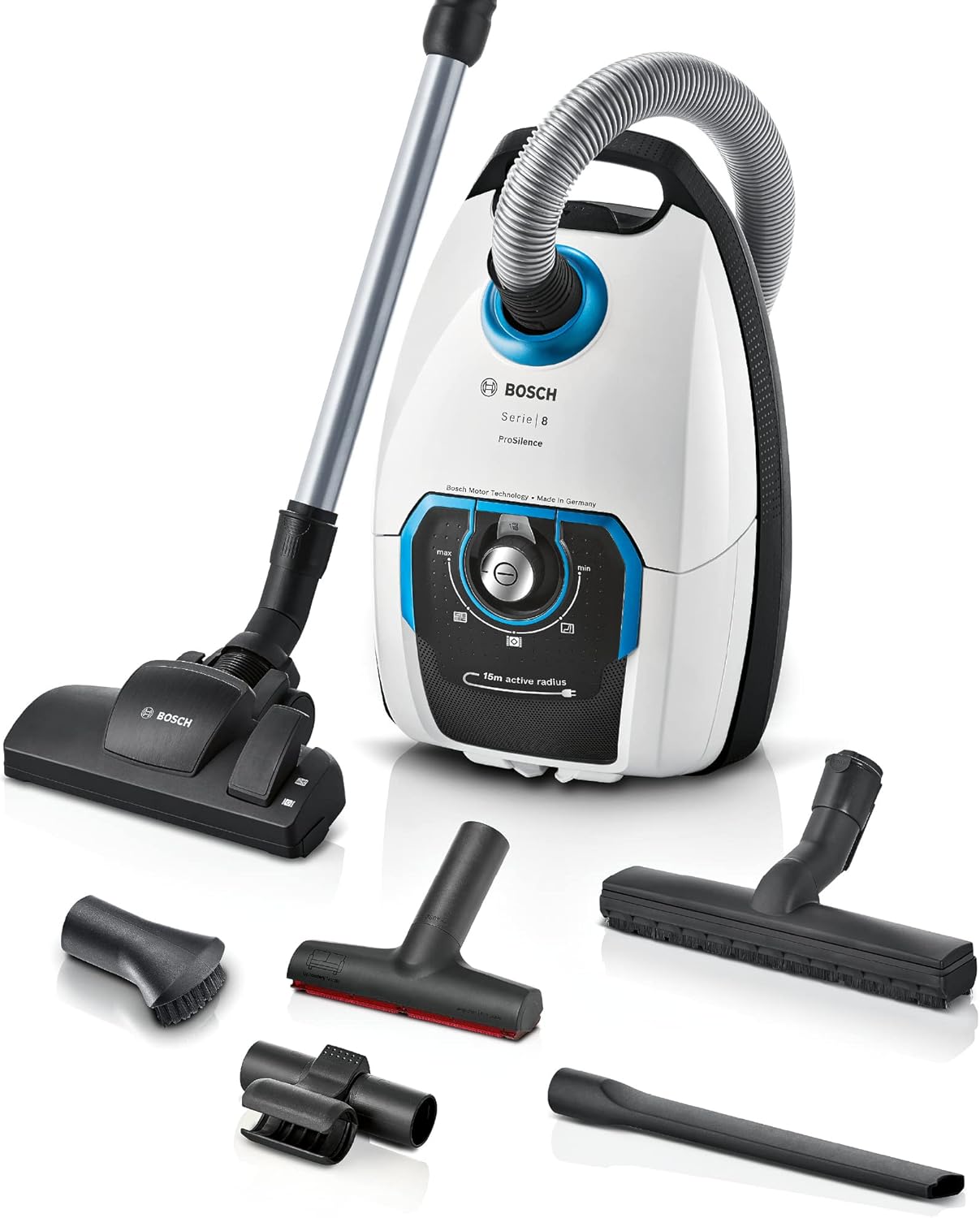 Bosch Staubsauger mit Beutel Serie 8 BGB75X494, Bodenstaubsauger, ideal für Allergiker, Hygiene-Filter, Bodendüse für Parkett, Teppich, Fliesen, langes Kabel, leise, 650 W, blau