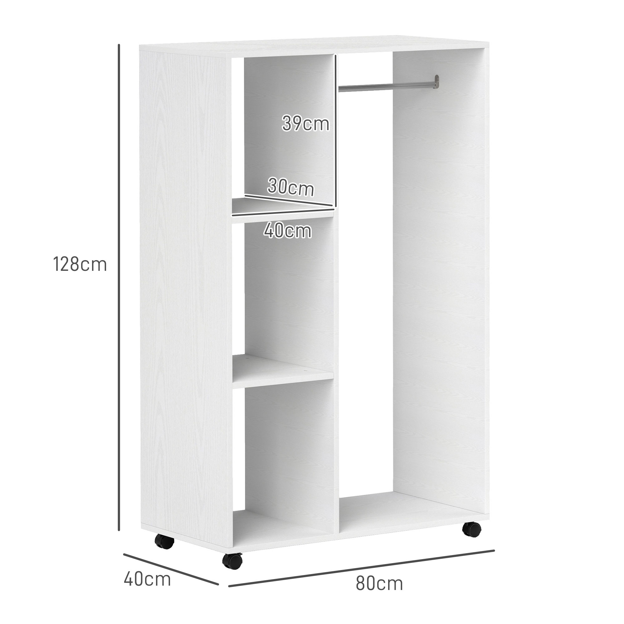 Mobiele Open Garderobe op Wielen, Garderobekast, Verplaatsbaar Kledingrek, 80 x 40 x 128 cm, Wit