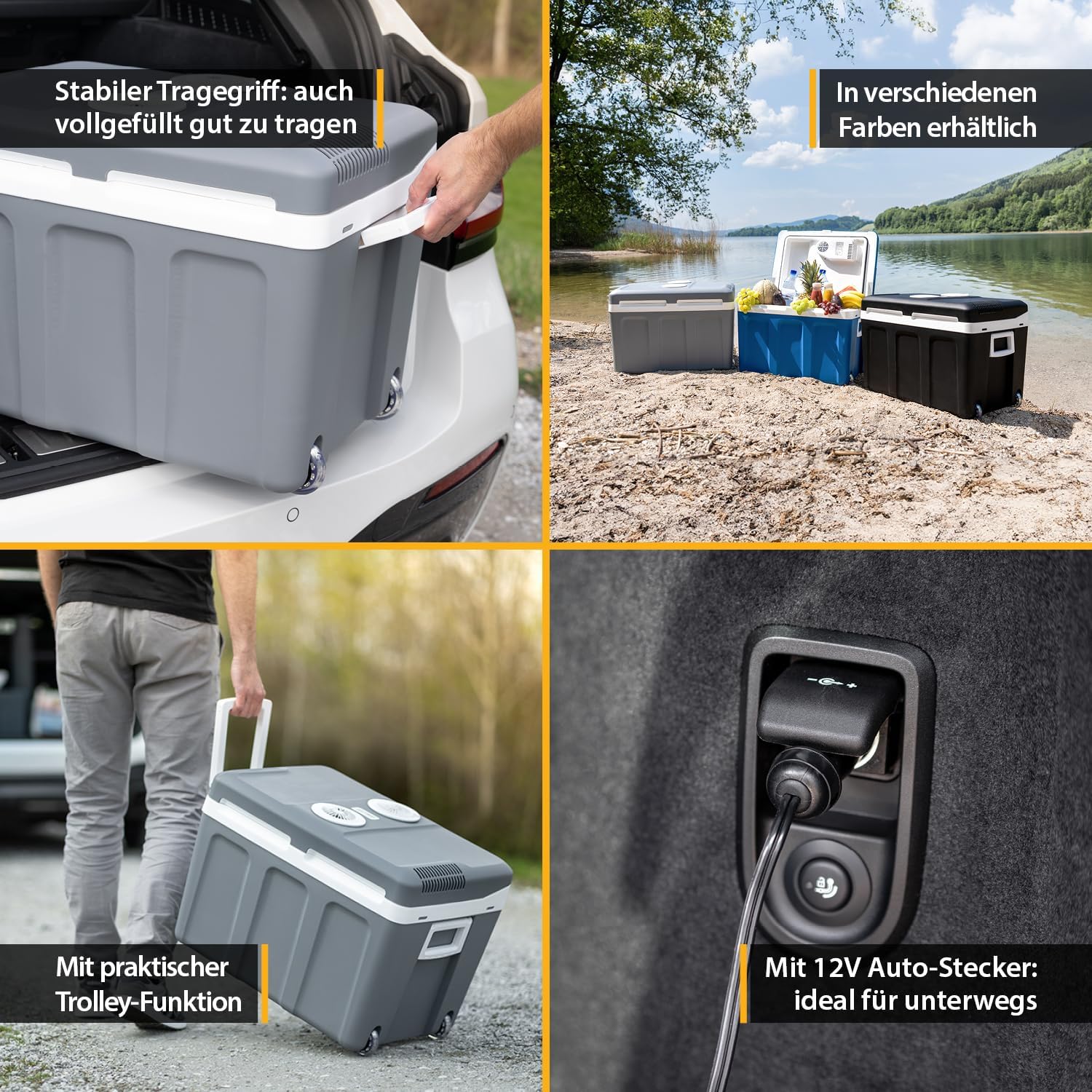 TZS First Austria - Kühlbox 45L elektrisch 12V 230V Anschluss für Auto & Steckdose - Thermoelektrische Cool Box kühlt & wärmt - Mini Kühlschrank mit Rollen - Für Camping, Festivals, Reisen - Grau