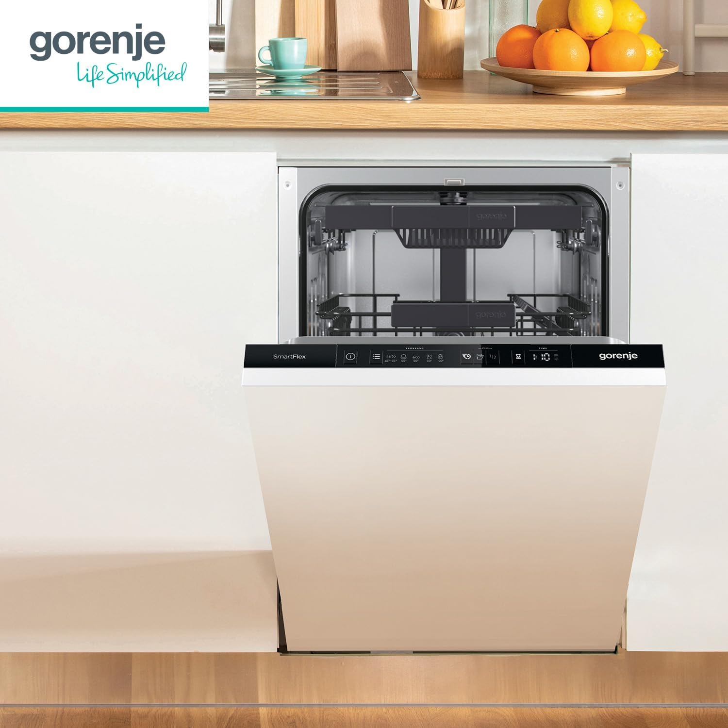Gorenje GI 520 E15X Teilintegrierbarer Geschirrspüler / 45cm / 9 Maßgedecke / 5 Programme / 1h Reinigungsprogramm / höhenverstellbarer Oberkorb / vollständiger Überlaufschutz, Eingebaut, Edelstahl