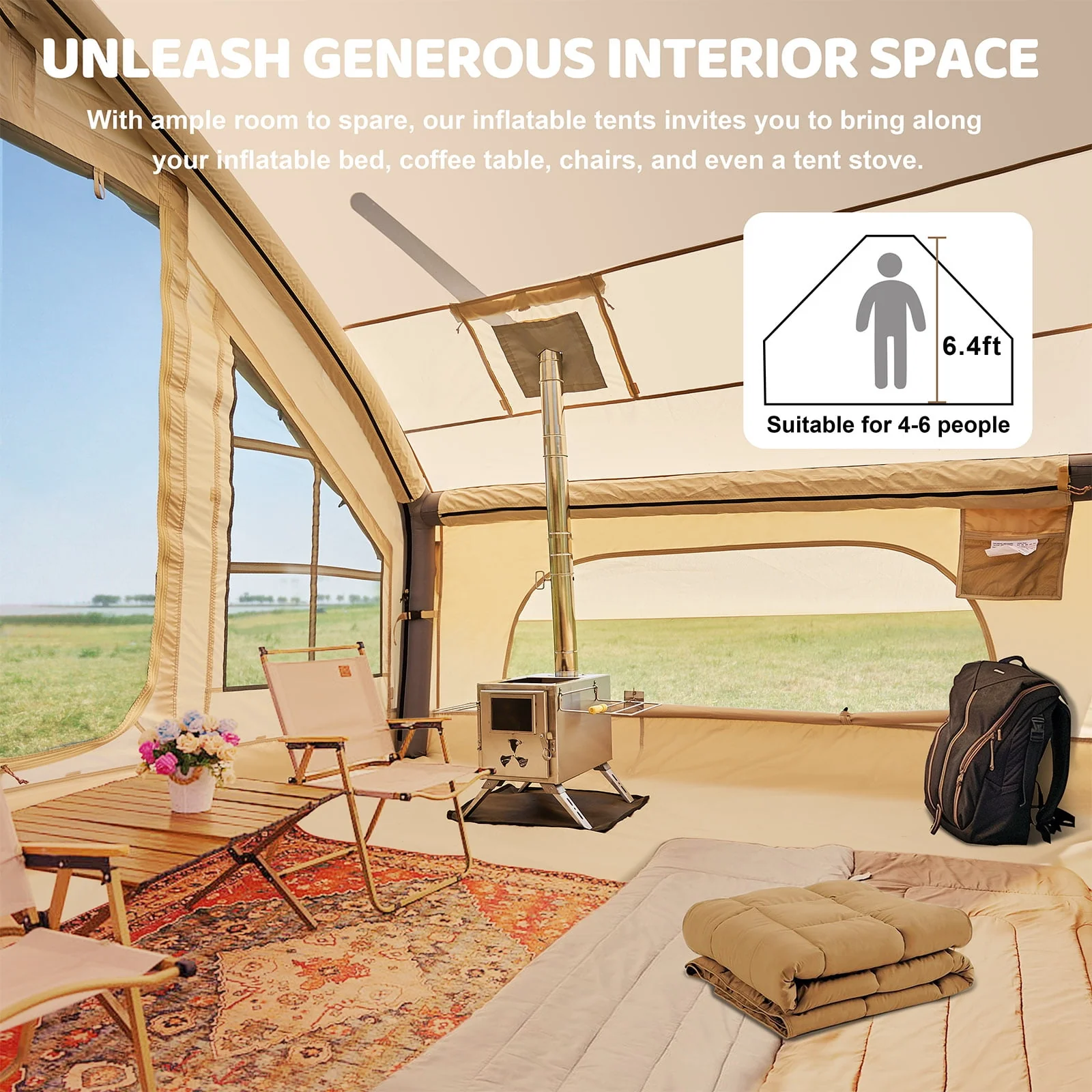 6 Person Inflatable Camping Tent with Pump, 10ft x7ft Glamping Family Tent Easy Setup 4 Season Waterproof Windproof Outdoor Blow Up Tent Luxury Oxford Cabin with Mesh Windows & Doors  sgtnighsdesigns