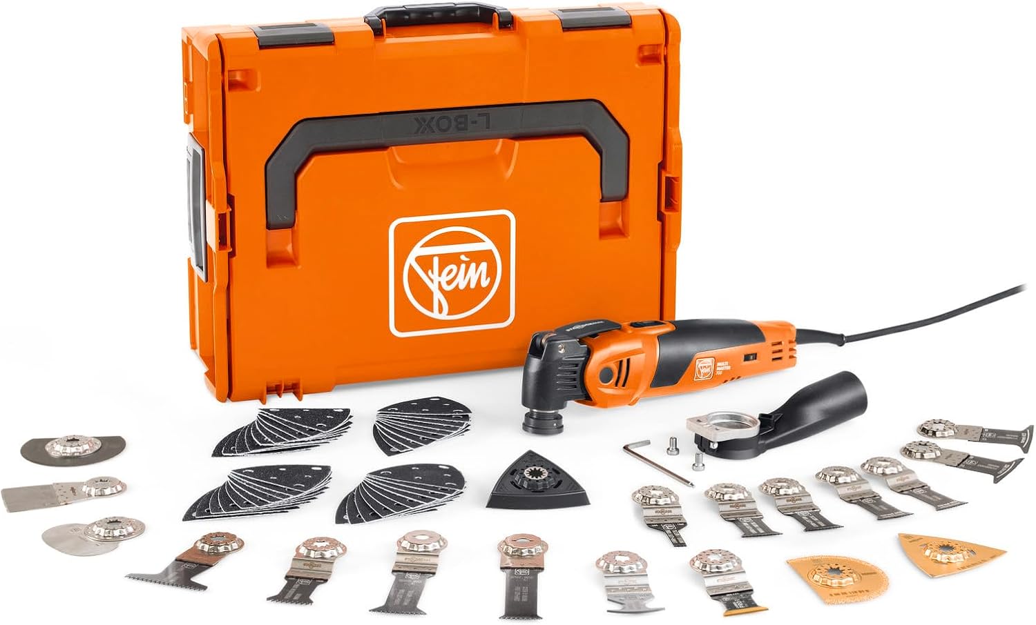 FEIN Multimaster MM 700 Max Top, Unser bestes MultiTool mit 60 Zubehören zum Sägen, Schleifen, Schneiden , 450 W, Anti-Vibrationssystem, Aufnahme StarlockMax, QuickIN Werkzeugwechsel