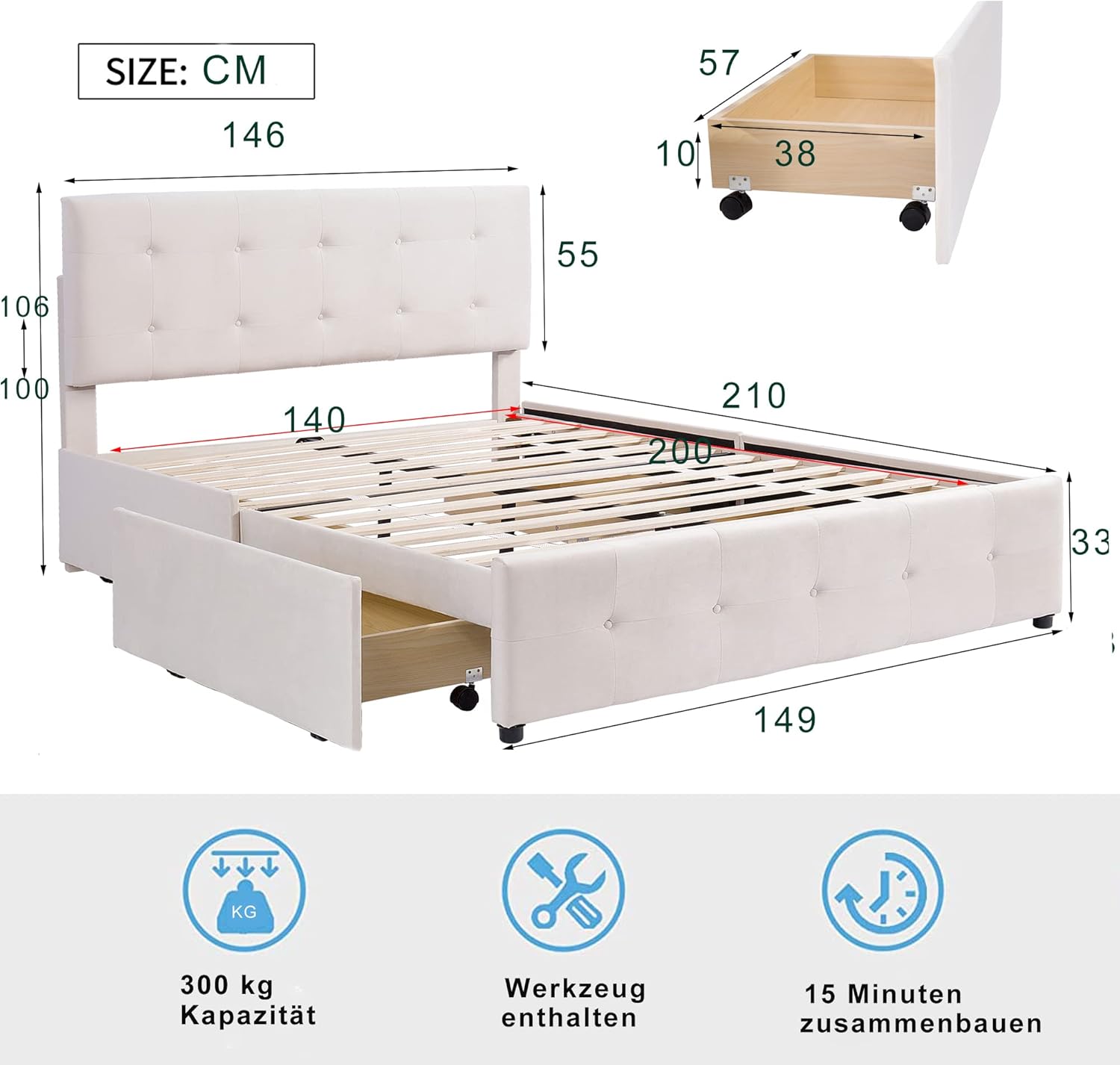 Polsterbett Doppelbett 140x200 cm, Bett mit 4 Stauraum Schubladen und Kopfteil, Bettgestell mit Lattenrost und Metallrahmen, Samt, Beige, Ohne Matratze