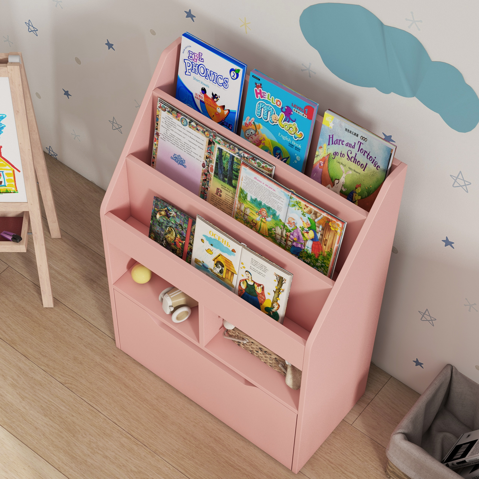 Kinderrek met Lade en Boekenrek met Vakken, 60 x 29,9 x 90 cm, Roze