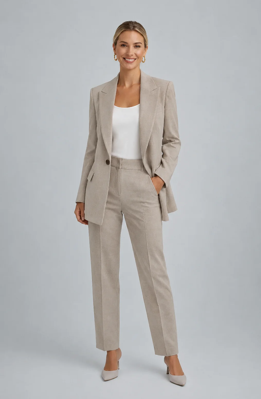 Damen Blazer Set mit Hose | Eleganter Hosenanzug f��r B��ro und Freizeit | Zweiteiler mit schmalem Revers und Knopfdetails