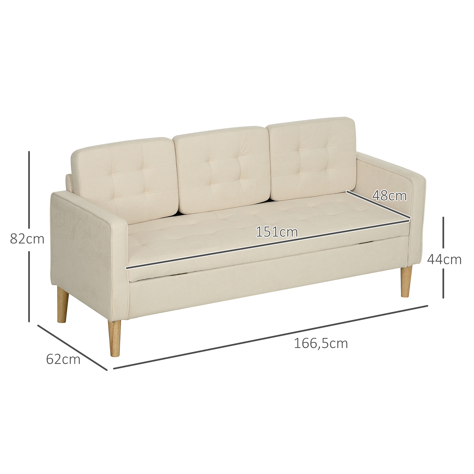 3-Zits Sofa met Opbergruimte, Knoopstiksel, Gepolsterde Bank, 166,5 x 62 x 82 cm, Cr��mewit