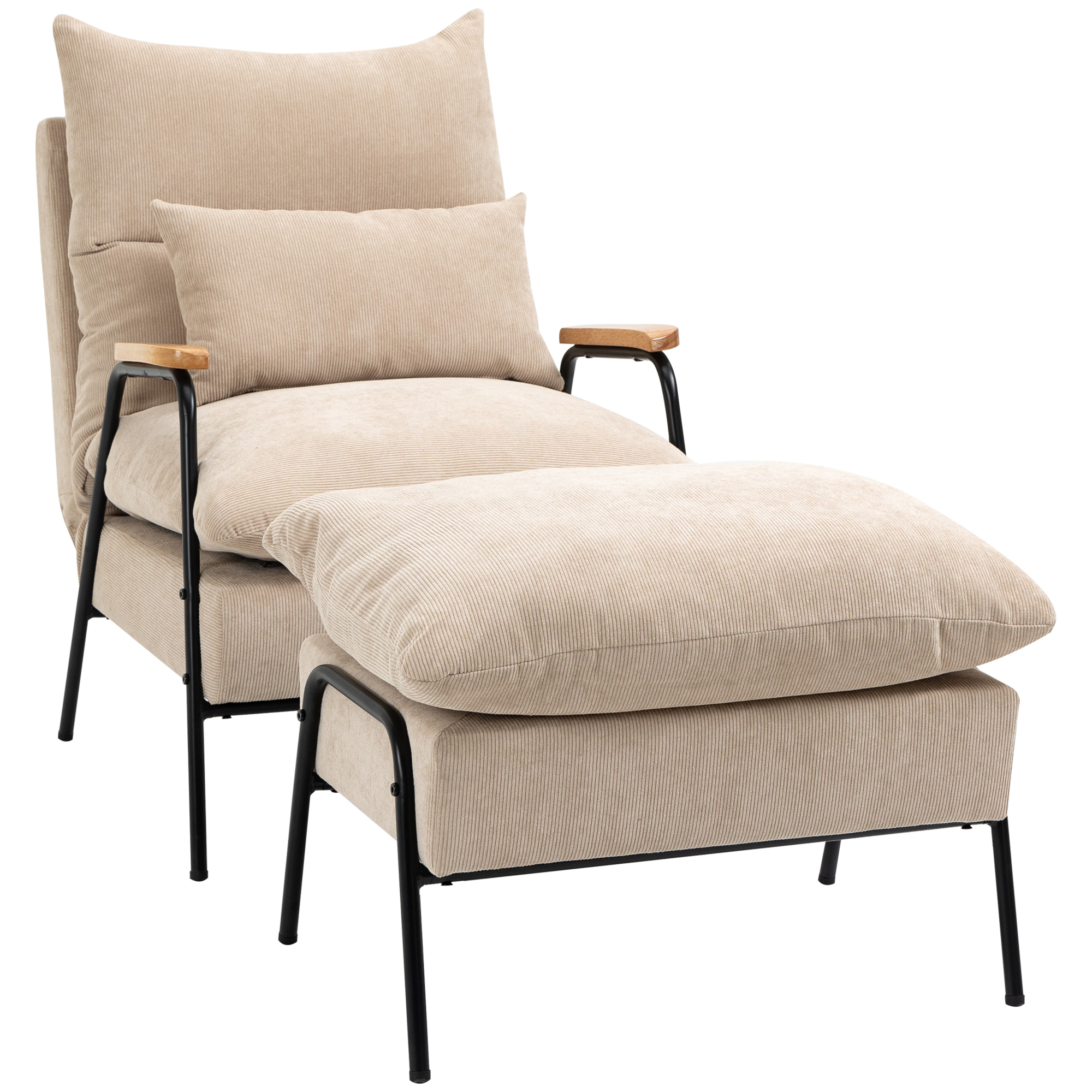 Polsterstoel met Voetenbank, Relaxstoel met Ligfunctie, Polsterstoel, Kussen, TV Stoel, 68 x 91,5 x 88 cm, Beige