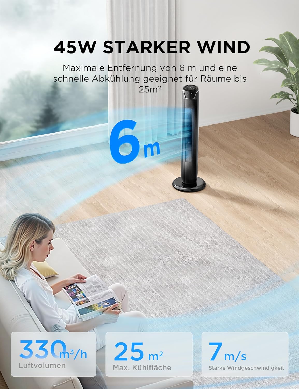 Midea FZ10-17JR Turmventilator Leise mit Fernbedienung 92CM, mobiler Lüfter,Ventilator Säulenventilator,7 Stunden Timer,3 Modi,3 Geschwindigkeiten,45W Standventilator,Schwarz