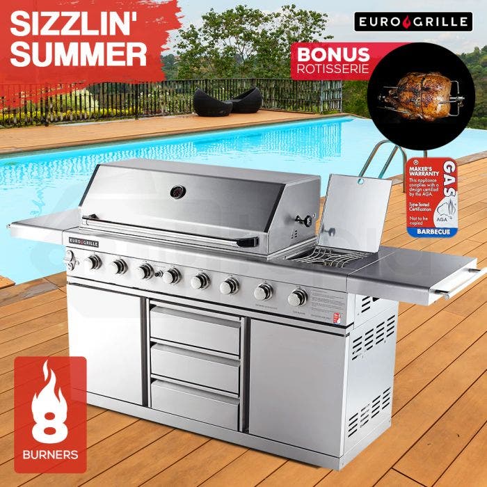 EuroGrille 8 Burner BBQ Outdoor Barbeque Gas Stainless Steel Kitchen