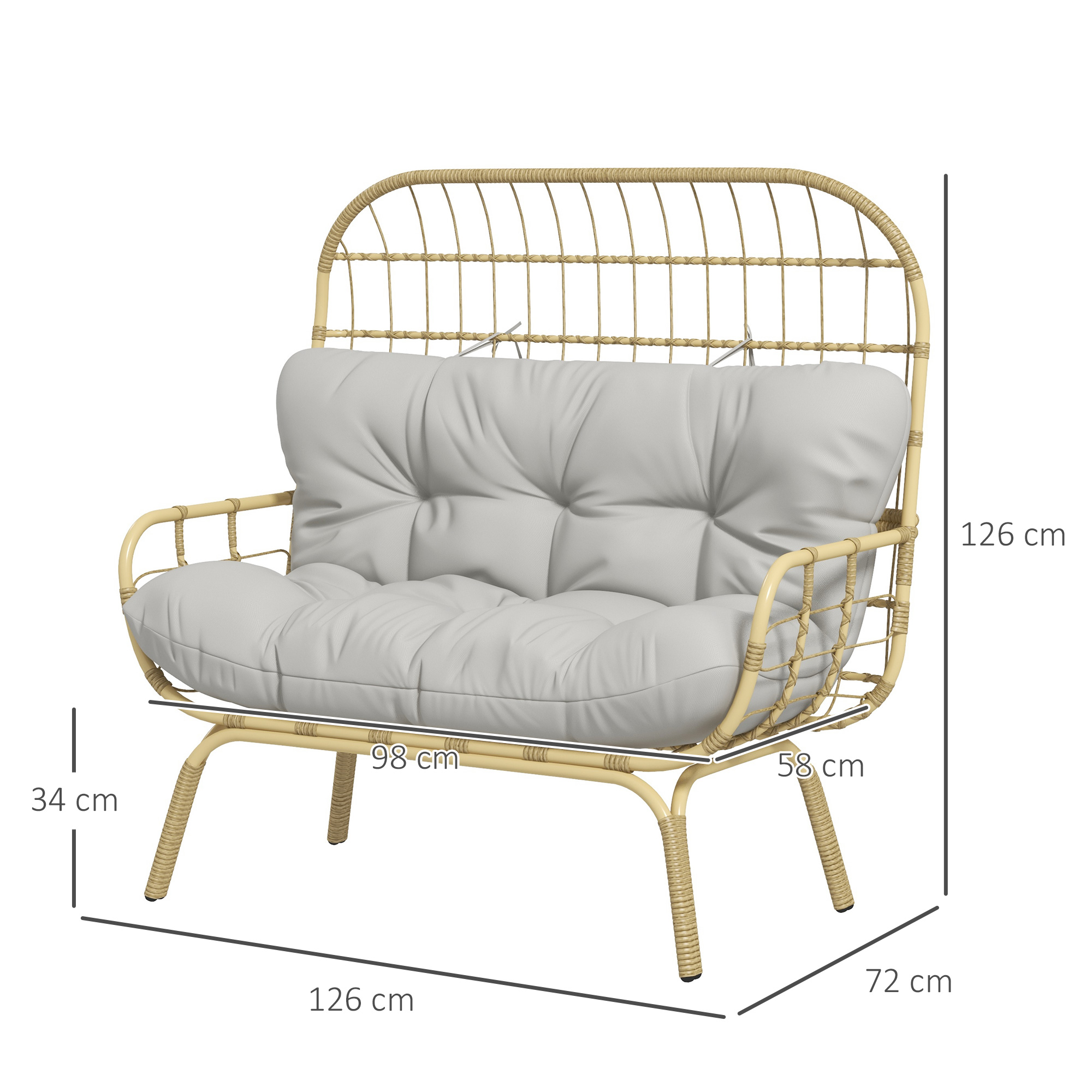 Rieten Tuinstoel, Weerbestendig, 126 cm x 72 cm x 126 cm, Natuur + Grijs