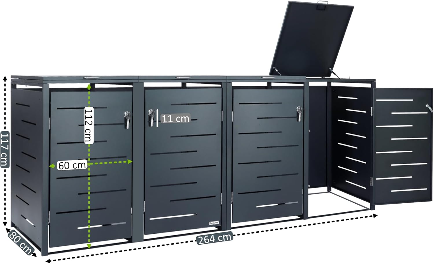 Zelsius Edelstahl Mülltonnenbox 4 Tonnen | 120-240 Liter | Anthrazit RAL 7016 | inkl. Erweiterungsmöglichkeit | Garten Müllhaus, Mülltonnenbox 4er, Aufbewahrungsbox für Mülltonnen