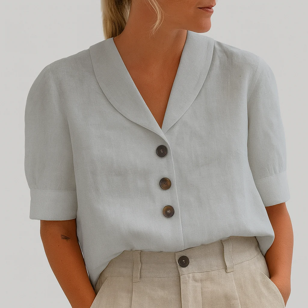 Damen V-Ausschnitt Bluse mit Knopfleiste | Locker sitzende Kurzarmbluse | Vielseitiges Business Casual Oberteil f��r Frauen