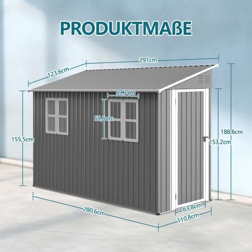 Geräteschuppen Metall 4 x 10 Fuß Anlehn-Design, Gerätehaus mit Fenster & Pultdach, wetterfester Stahlschuppen als Fahrradgarage für 2-3 Fahrräder, Mülltonnenbox & Gartengerätehaus, abschließbar, Grau