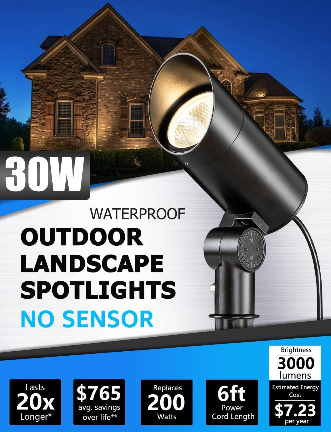 SUNVIE LED-Außenstrahler, 30 W, 120 V, 3000 lm, ultrahelle Fahnenmastleuchte mit Metallpfahl, warmweißes Flutlicht, Landschaftsbeleuchtung für Hof, Flagge, Baum, Garten, 1,8 m langes Kabel mit Stecker