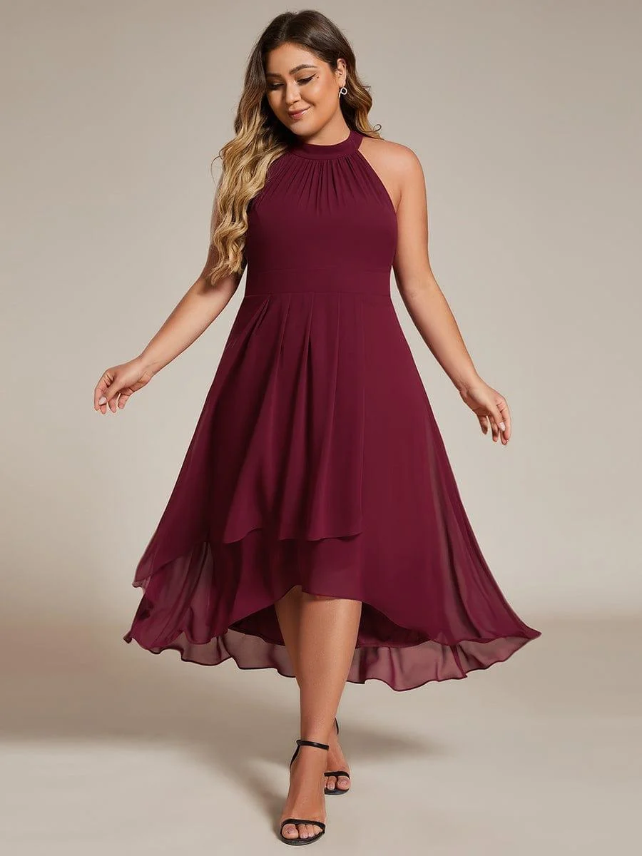 Damen Chiffon Midi-Kleid in A-Linie | Festliches Halterneck Kleid mit Plissee-Details | Sommerliches Kleid f��r Hochzeitsg?ste