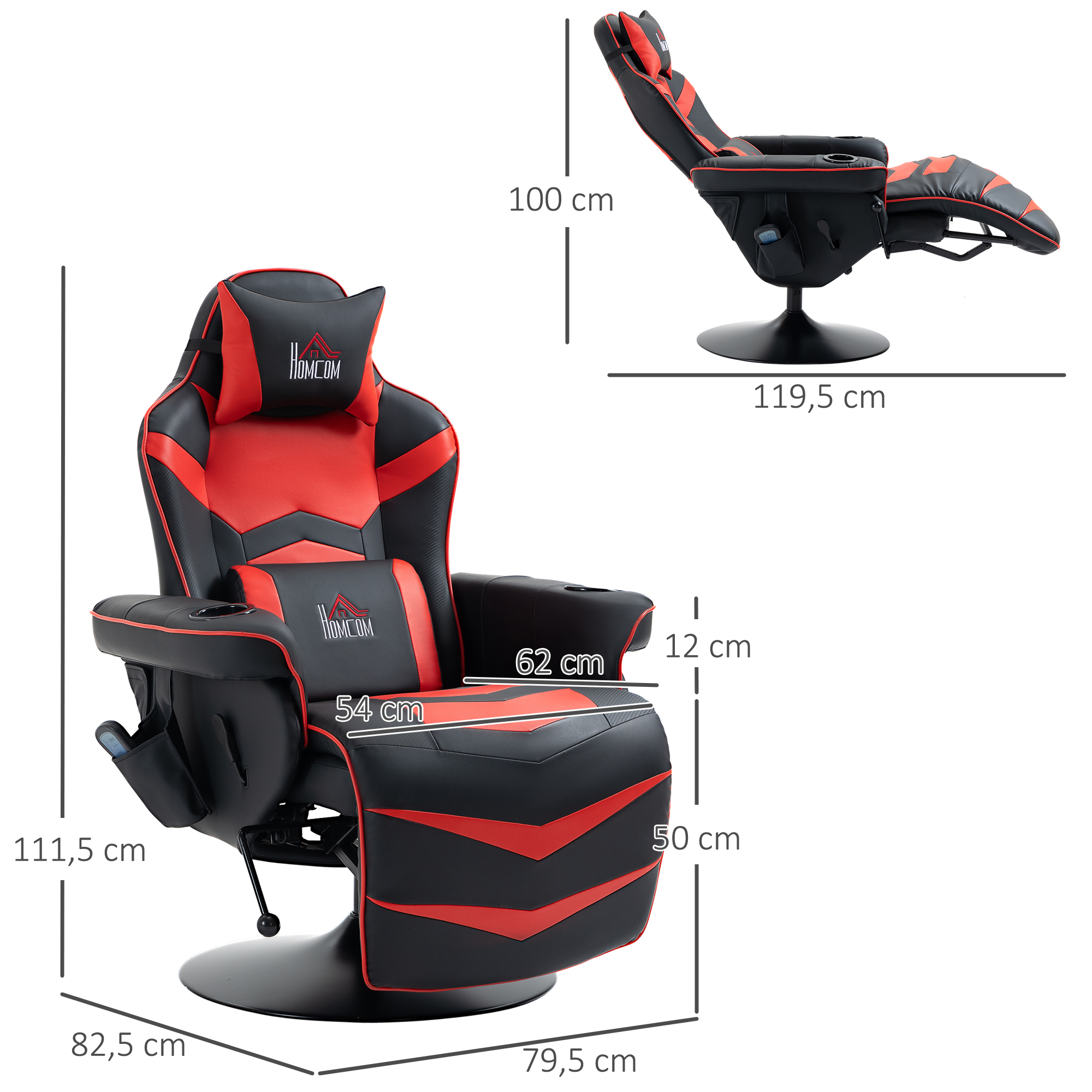 Gaming-stoel met massagefunctie, inclusief voetensteun, ligfunctie, rood + zwart.