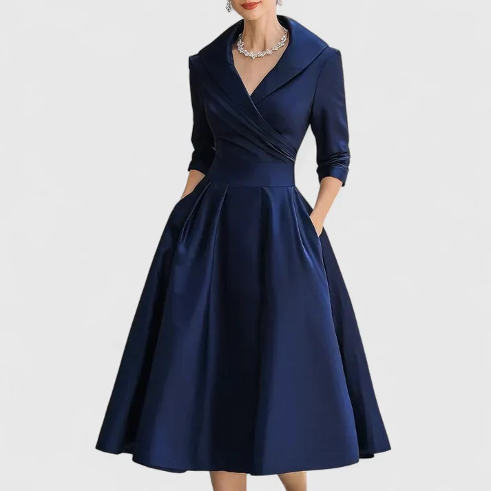 Klassisches Damen Wickelkleid mit V-Ausschnitt | Elegantes Midikleid mit 3/4-?rmeln und praktischen Seitentaschen