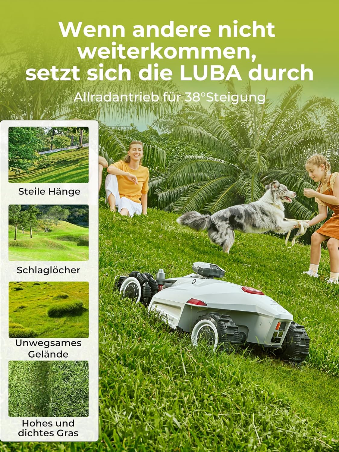 MAMMOTION LUBA 2 AWD 3000X Mähroboter ohne Begrenzungskabel, NetRTK+Vision, Keine RTK-Antenne erforderlich, Auto-Kartierung, Empf. 3000m², Max. 3600m², mit 4G-Modul, 80% Steigung