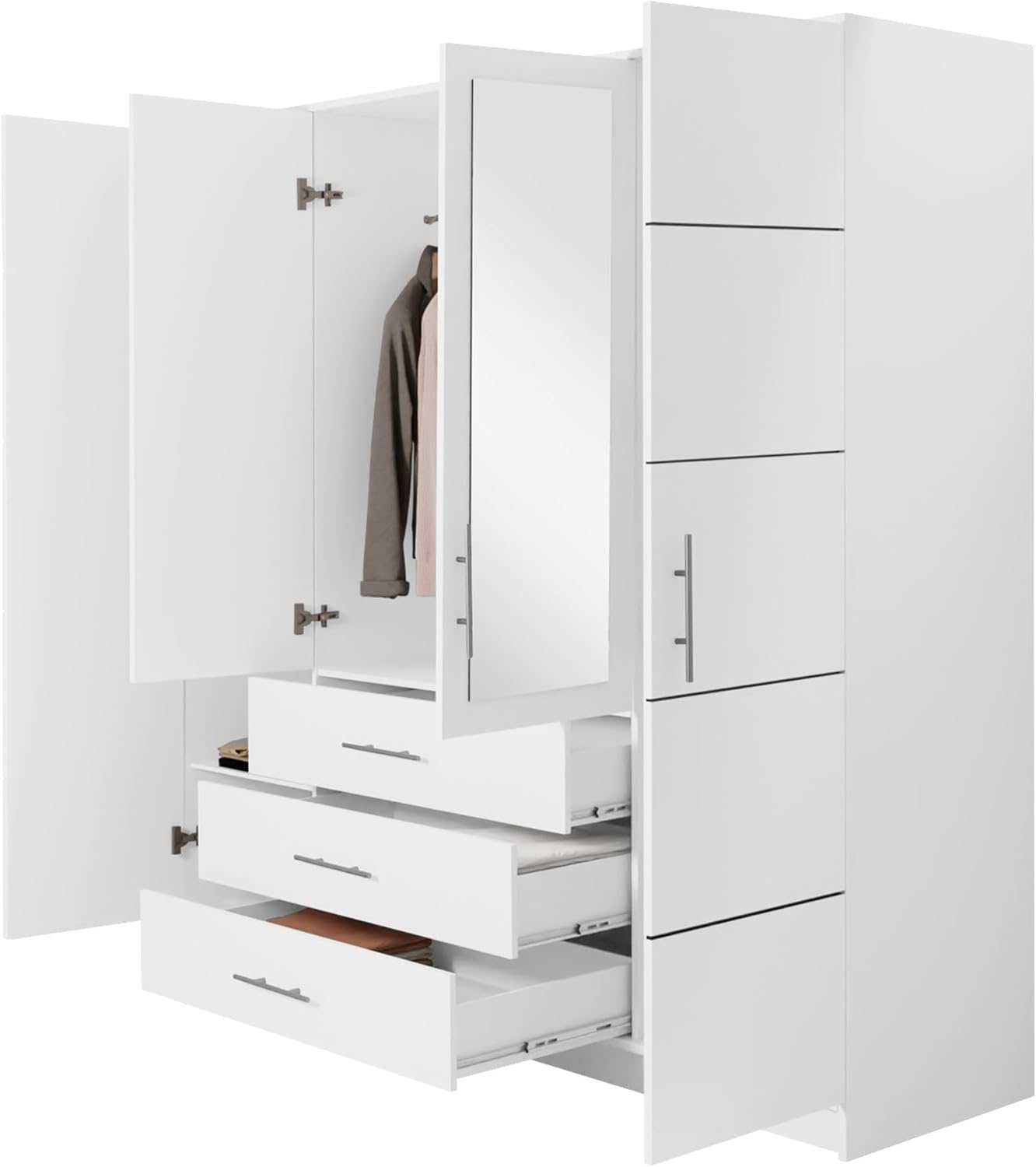 Drehtürenschrank Bado 4D, Kleiderschrank mit Spiegel, Schubladen und Spiegeltüren, Elegantes Schlafzimmer Schrank, Jugendzimmer (Weiß)