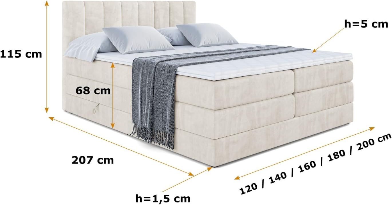 ALTDECOR Boxspringbett mit Matratze und Lattenrost, Topper, Polsterbett mit Bettkasten, Bett mit Stauraum H3- und H4- Matratze, Doppelbett, Springboxbett - OTTA King - 180x200 - Beige Samt