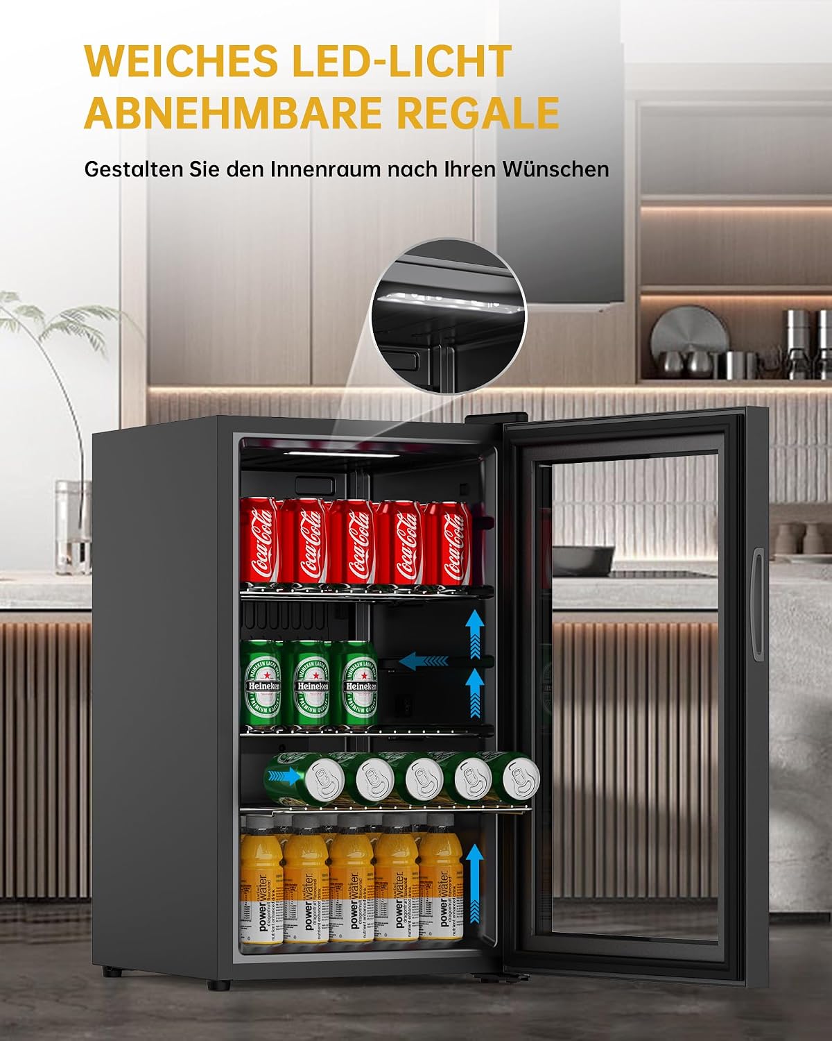 WIE Mini Kühlschrank Getränkekühlschrank 70 Liter mit Doppelte Glastür mit Verstellbaren Ablagen Indoor Outdoor Klein Bierkühlschrank Leise 105 Dosen für Soda/Bier/Wine für Zuhause/Küche/Bar/Büro
