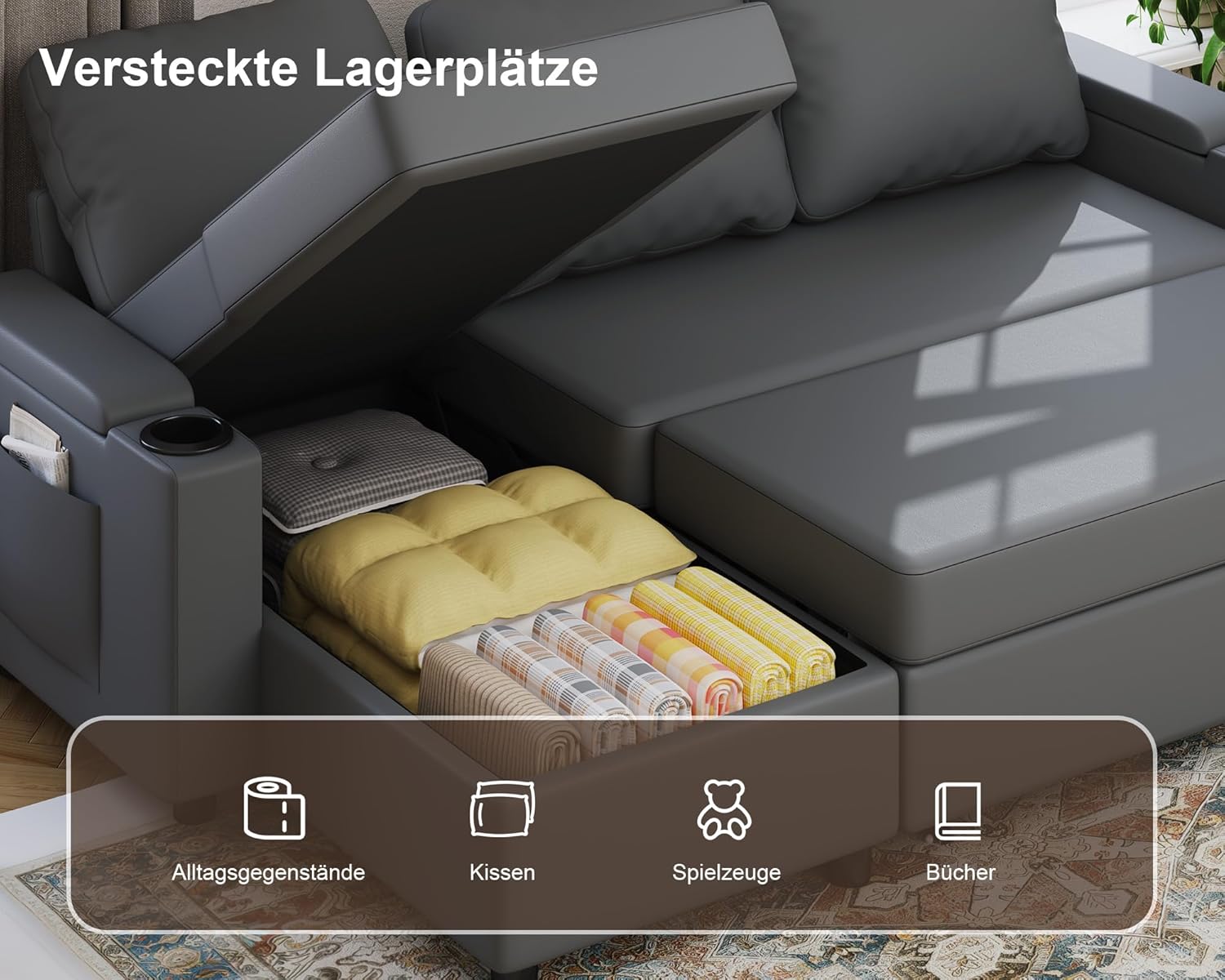 Devoko Ecksofa mit Schlaffunktion und Bettkasten L-Form Sofa 3-Sitzer Ausziehbares Schlafsofa Leder Couch Kleines Schlafcouch für Wohnung und Wohnzimmer, Schwarz