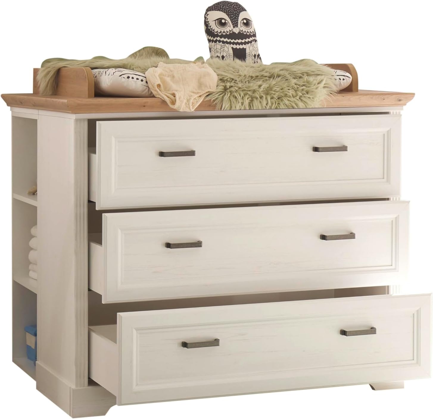 Babyzimmer Jasmin 5 teilig in Anderson Pine mit Absetzungen in Artisan Eiche - Kinderzimmer Komplett Set mit Kleiderschrank, Babybett, Wickelkommode mit 2 Seitenregalen, Standregal, Wandboard